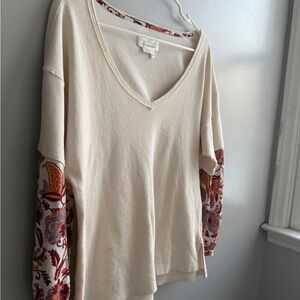 Anthropologie Cream V-Neck Top with Patterned Sleeves